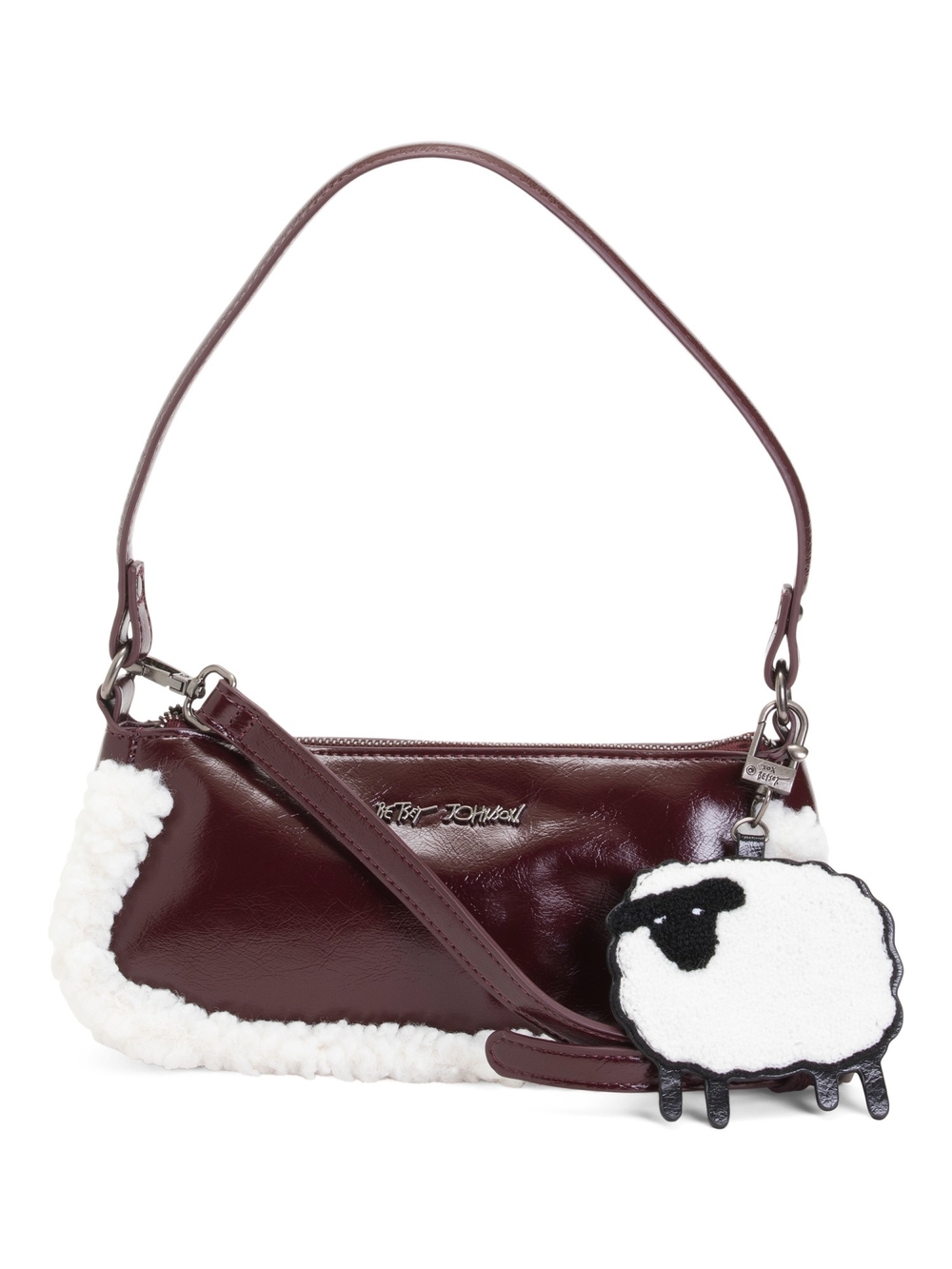 Betsey Johnson Burgundy Patent Shoulder Bag with White Shearling and Sheep Charm